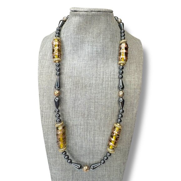 Unsigned Jewelry - Beaded Necklace Olive Green Copper Art Glass & Hematite Beads 22.5"
